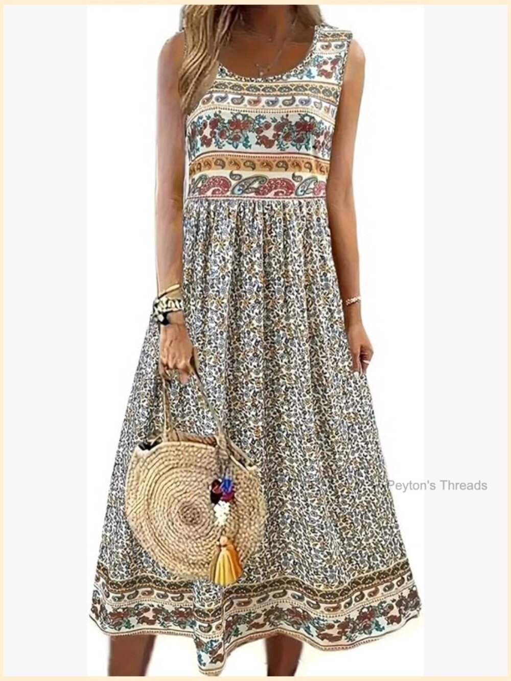 Boho Floral Crew Neck Tank Dress with Pockets